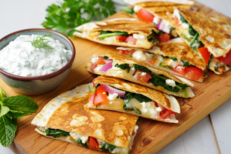 Mediterranean Quesadillas with Spinach, Feta, Mozzarella, and Red Onion