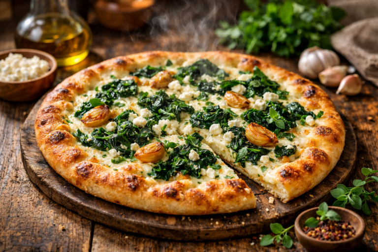 A creamy, cheesy pizza with bold Mediterranean flavor