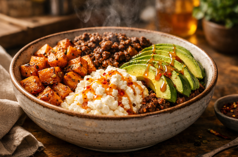 Sweet Potato Beef Bowl with Hot Honey and Cottage Cheese (Viral TikTok Recipe)