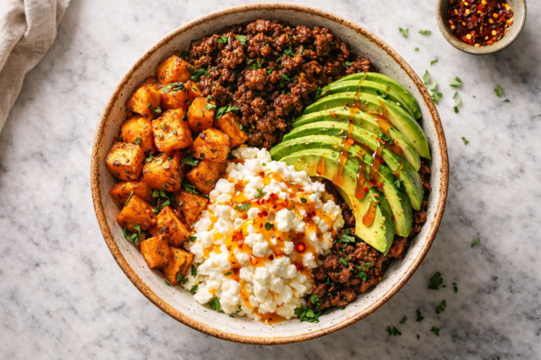 Sweet Potato Beef Bowl with Hot Honey and Cottage Cheese (Viral TikTok Recipe)