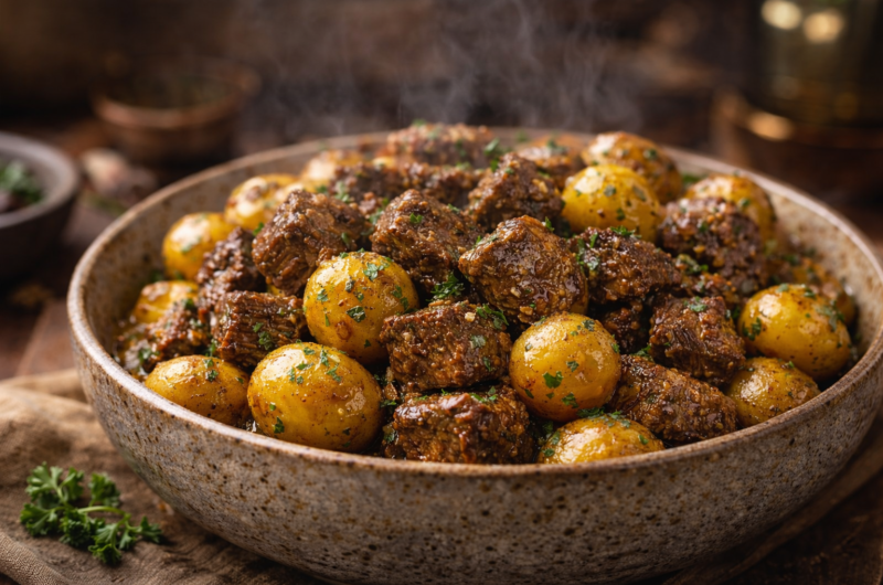 Slow Cooker Garlic Butter Beef Bites with Potatoes